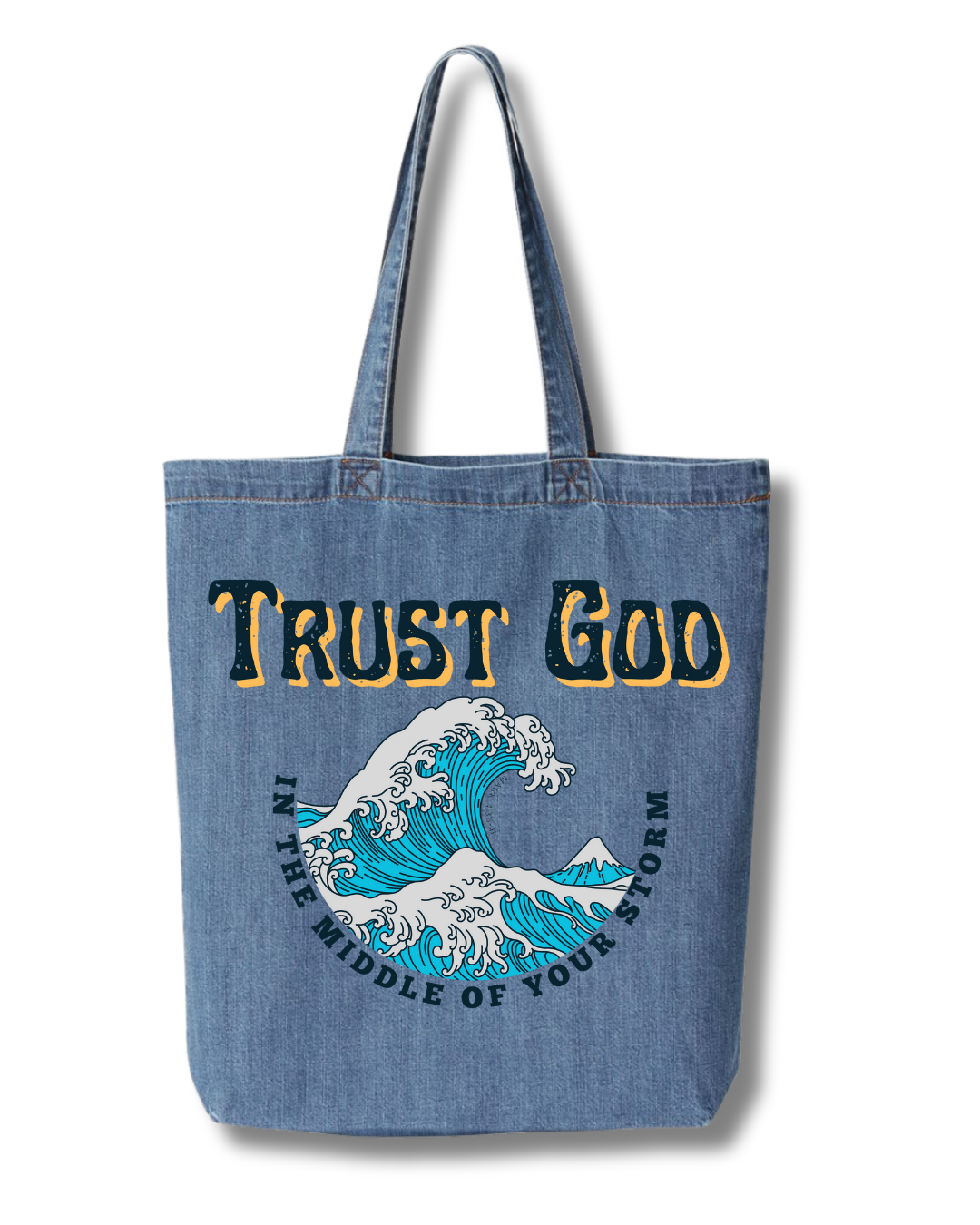 Trust God denim tote bag